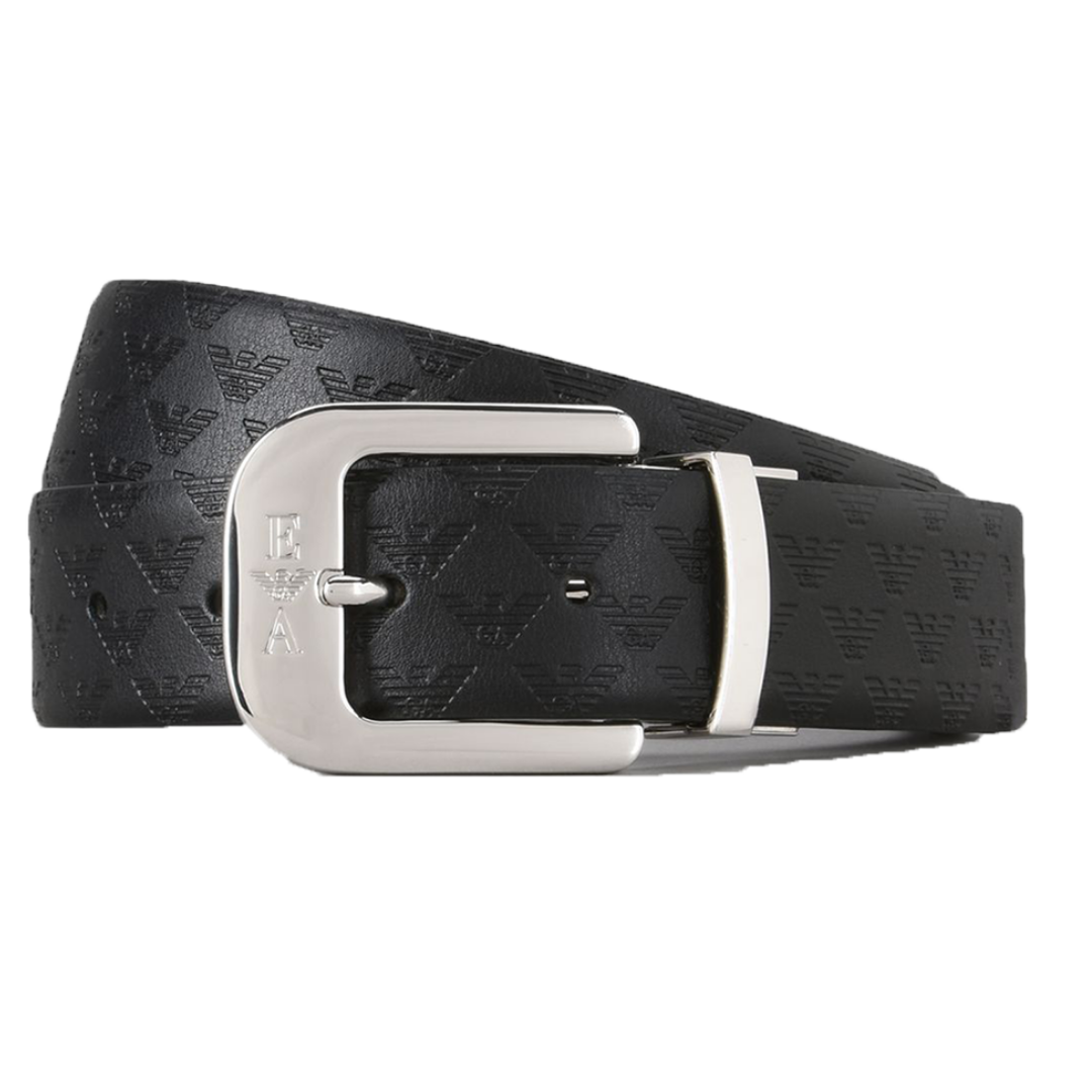 EMPORIO ARMANI SMOOTH ALL OVER PRINT LEATHER BELT IN BLACK