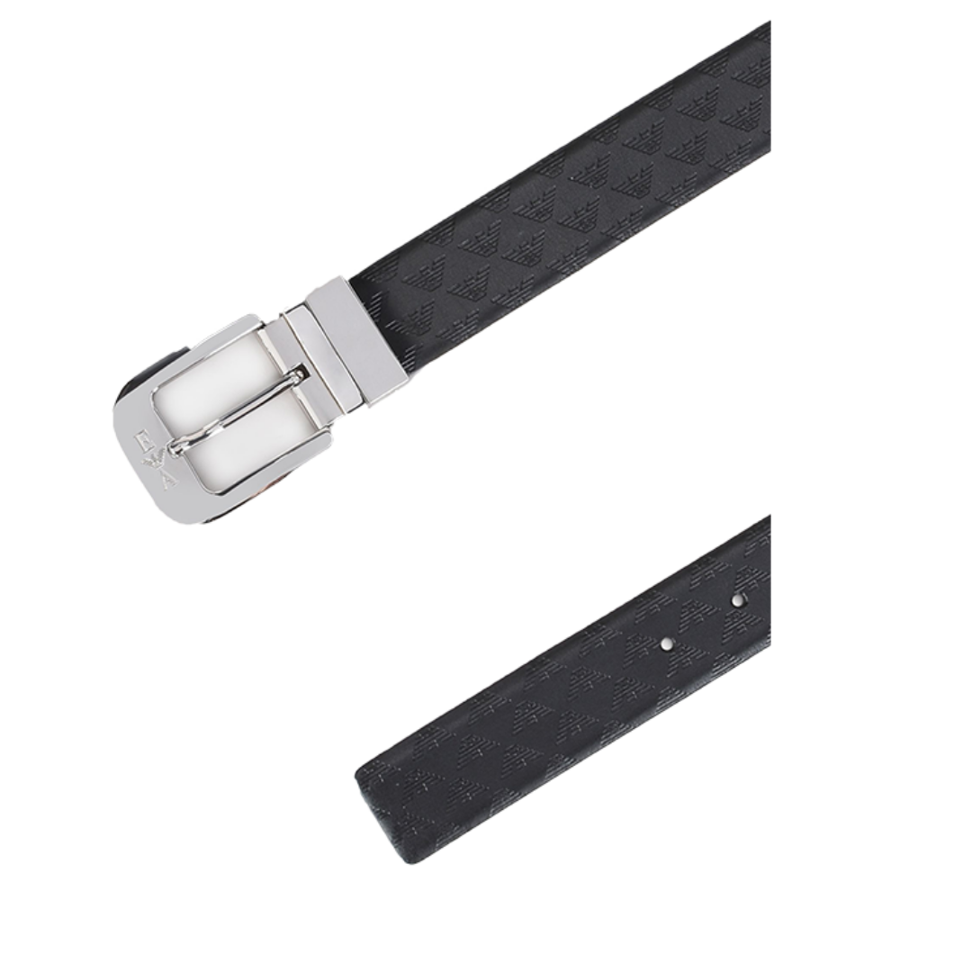 EMPORIO ARMANI SMOOTH ALL OVER PRINT LEATHER BELT IN BLACK