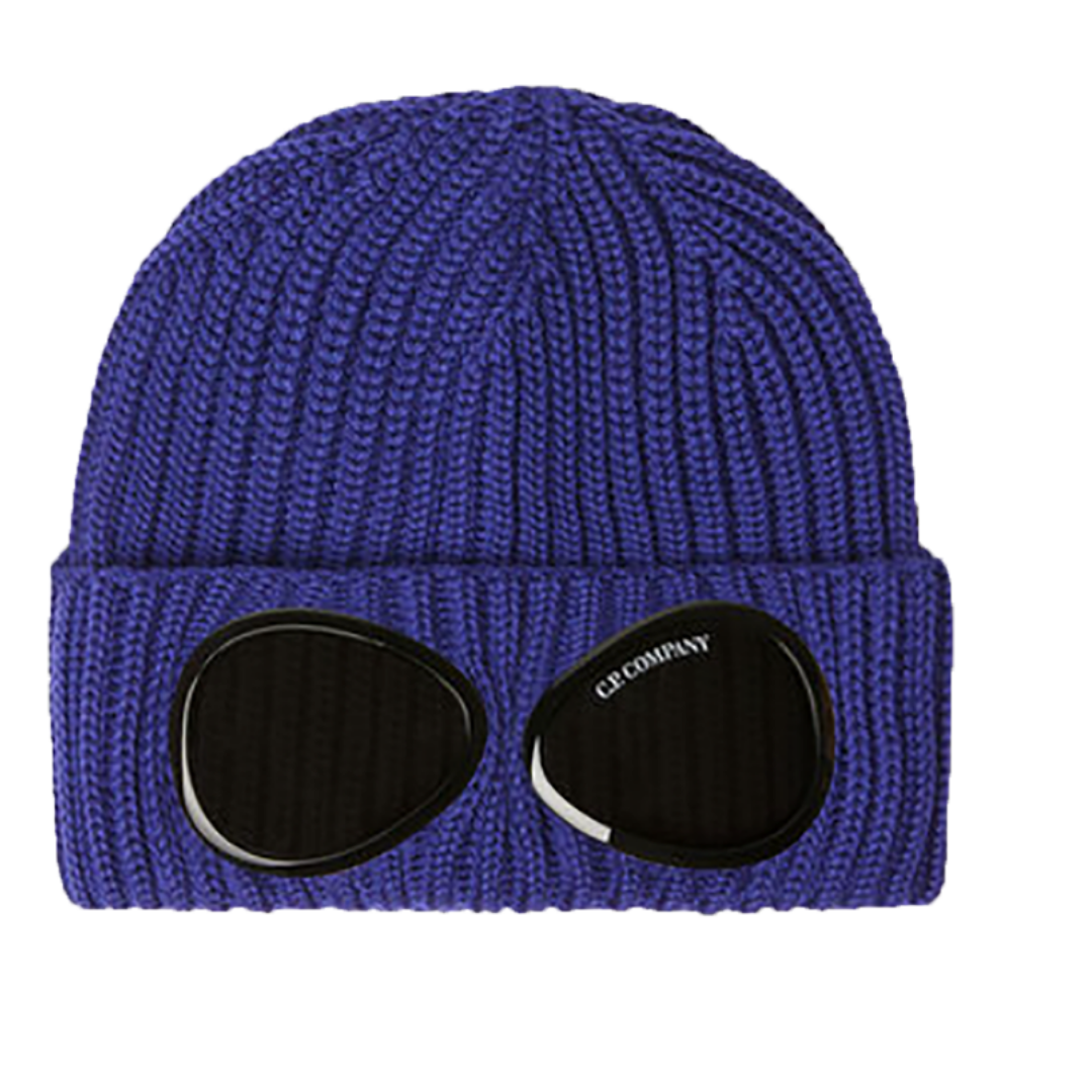 CP COMPANY EXTRA FINE MERINO WOOL GOGGLE BEANIE IN BLUE