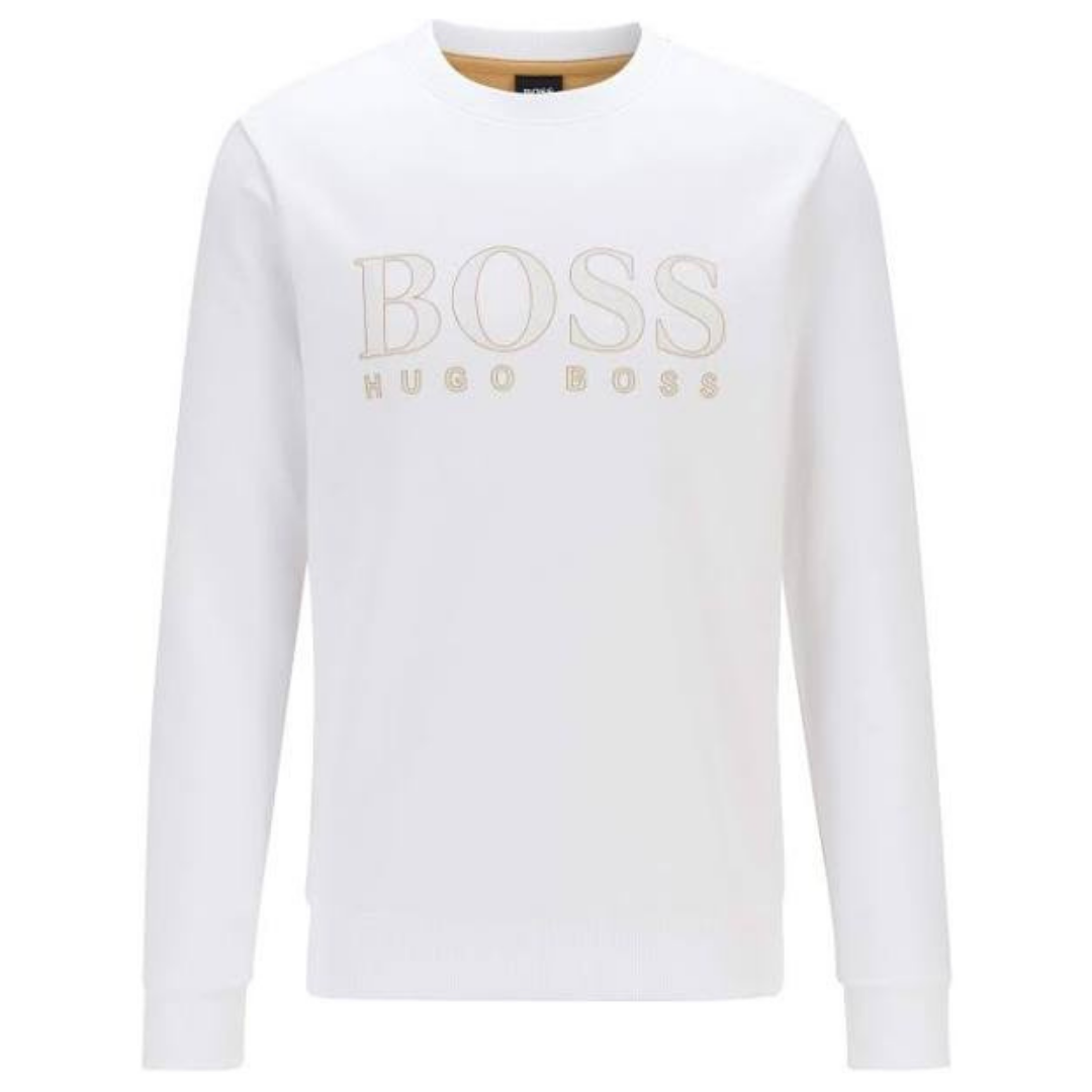 BOSS MENS SALBO ICONIC SLIM FIT SWEATSHIRT WHITE JUMPER