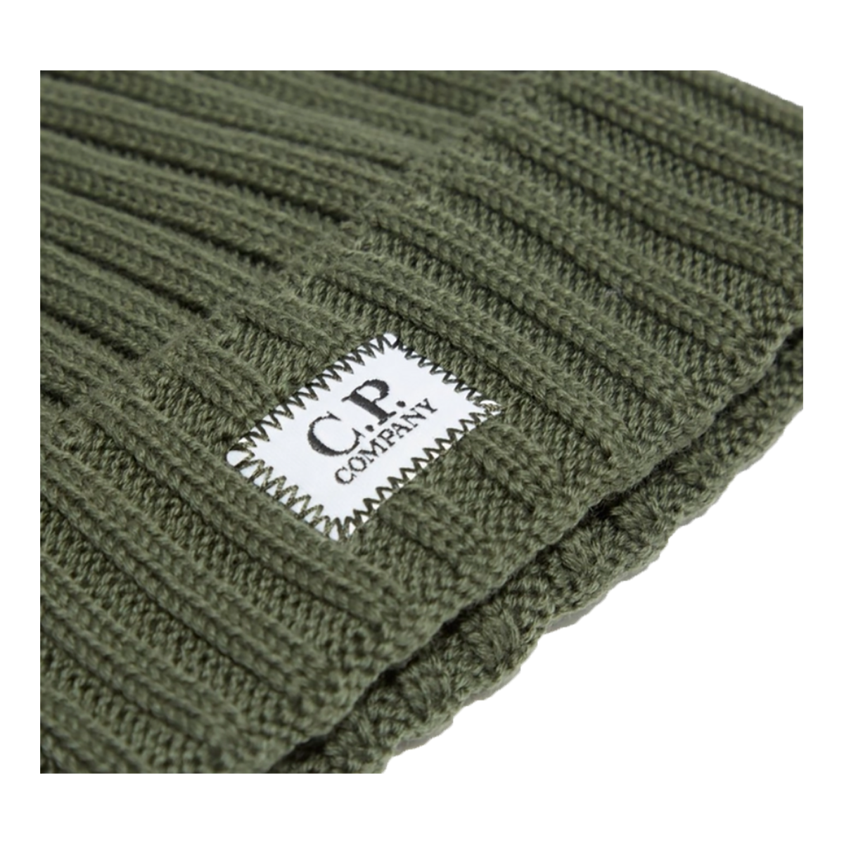 CP COMPANY EXTRA FINE MERINO WOOL BADGE BEANIE IN GREEN