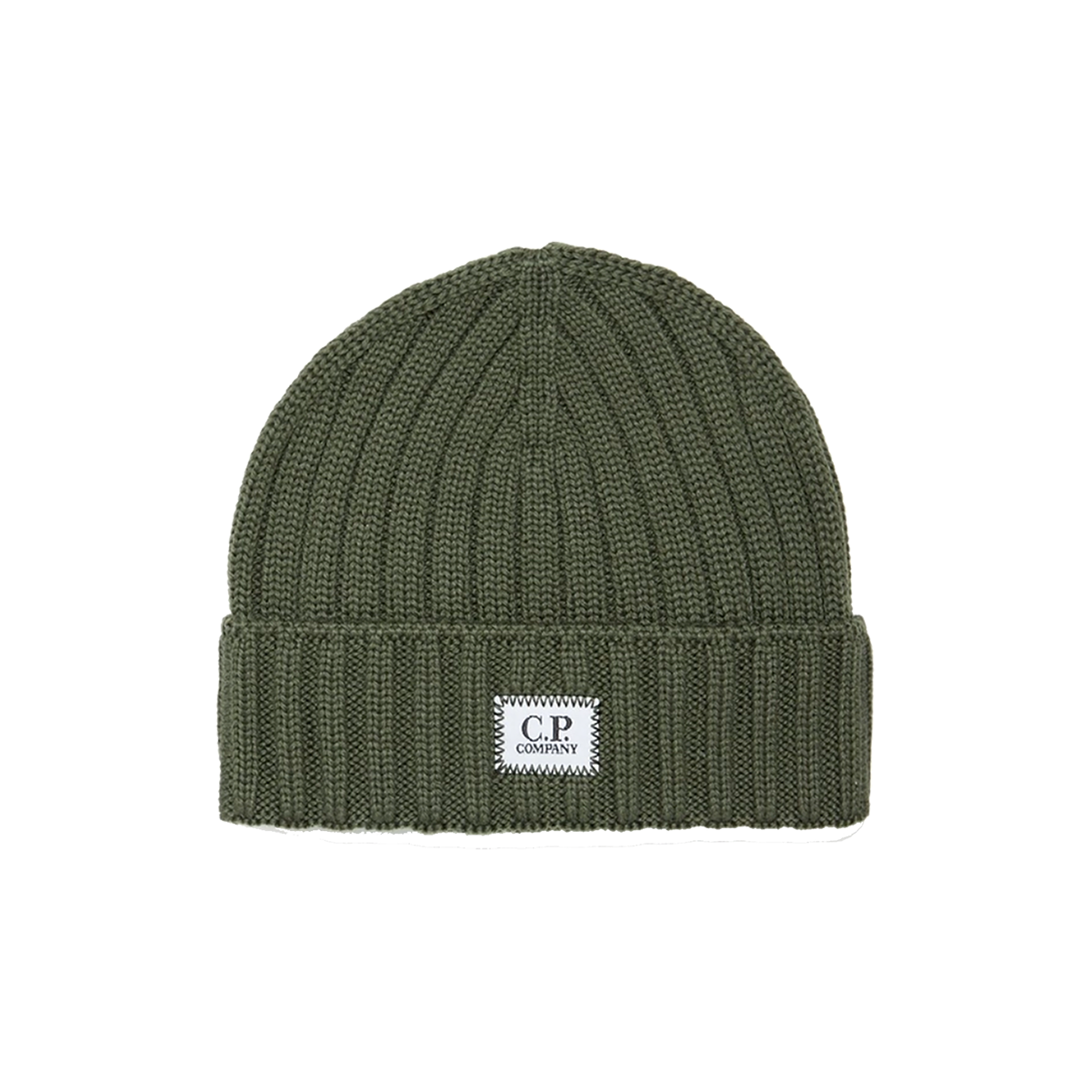 CP COMPANY EXTRA FINE MERINO WOOL BADGE BEANIE IN GREEN