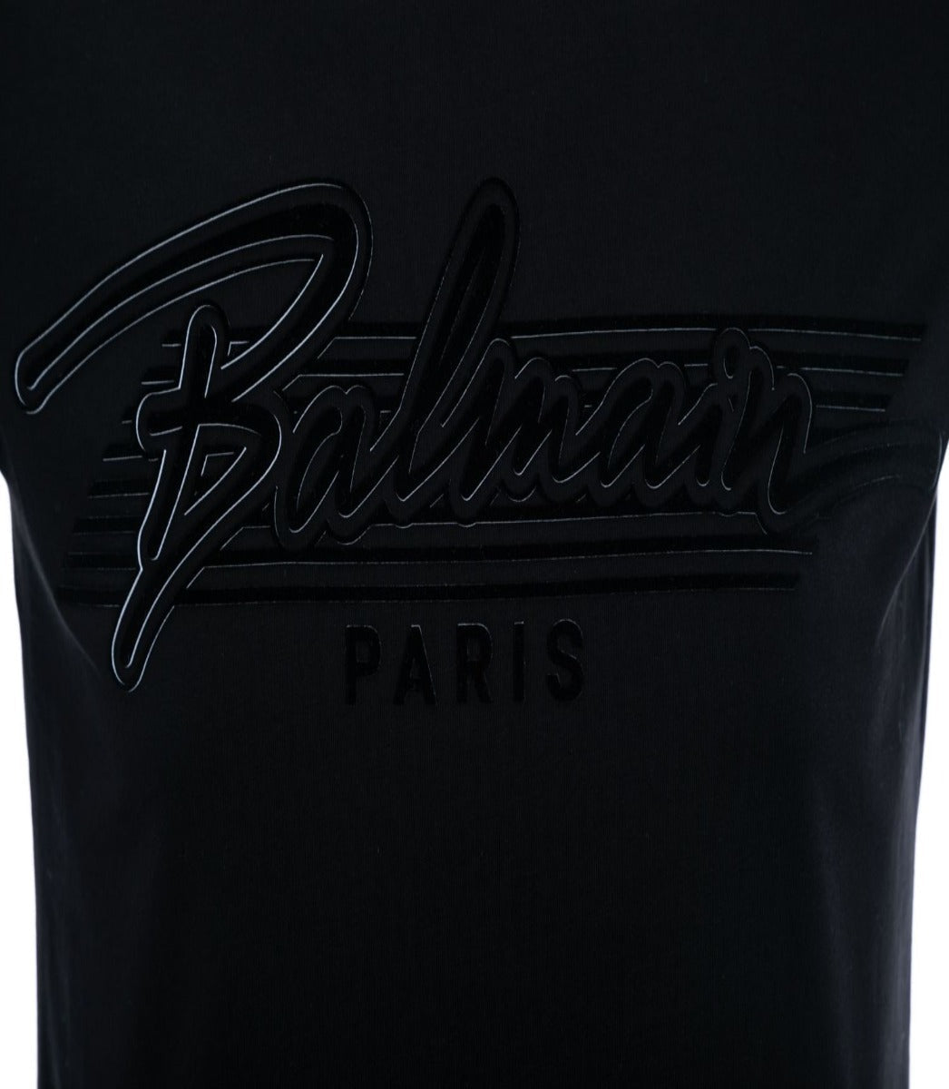 BALMAIN FLOCK SIGNATURE T SHIRT IN BLACK