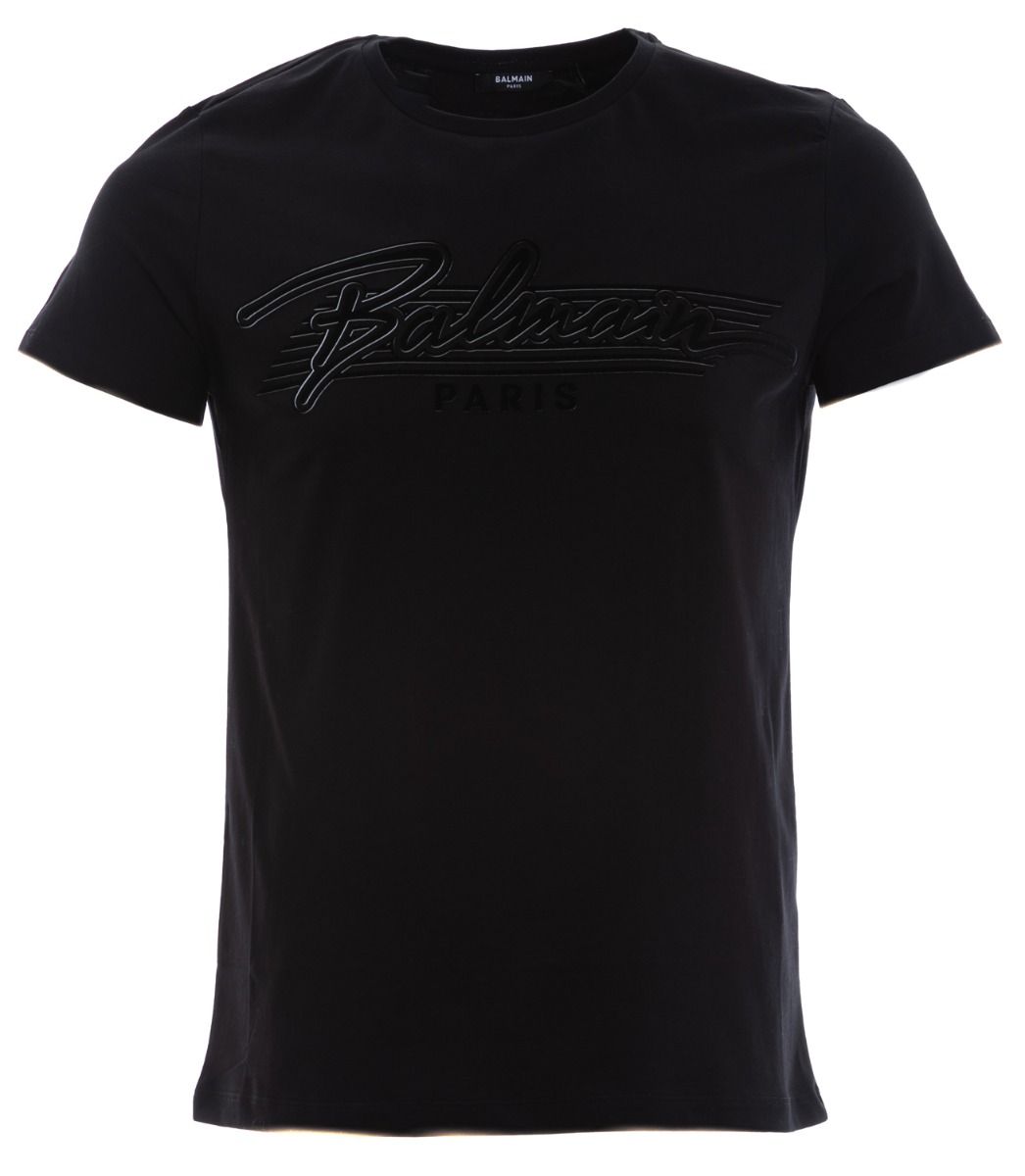 BALMAIN FLOCK SIGNATURE T SHIRT IN BLACK