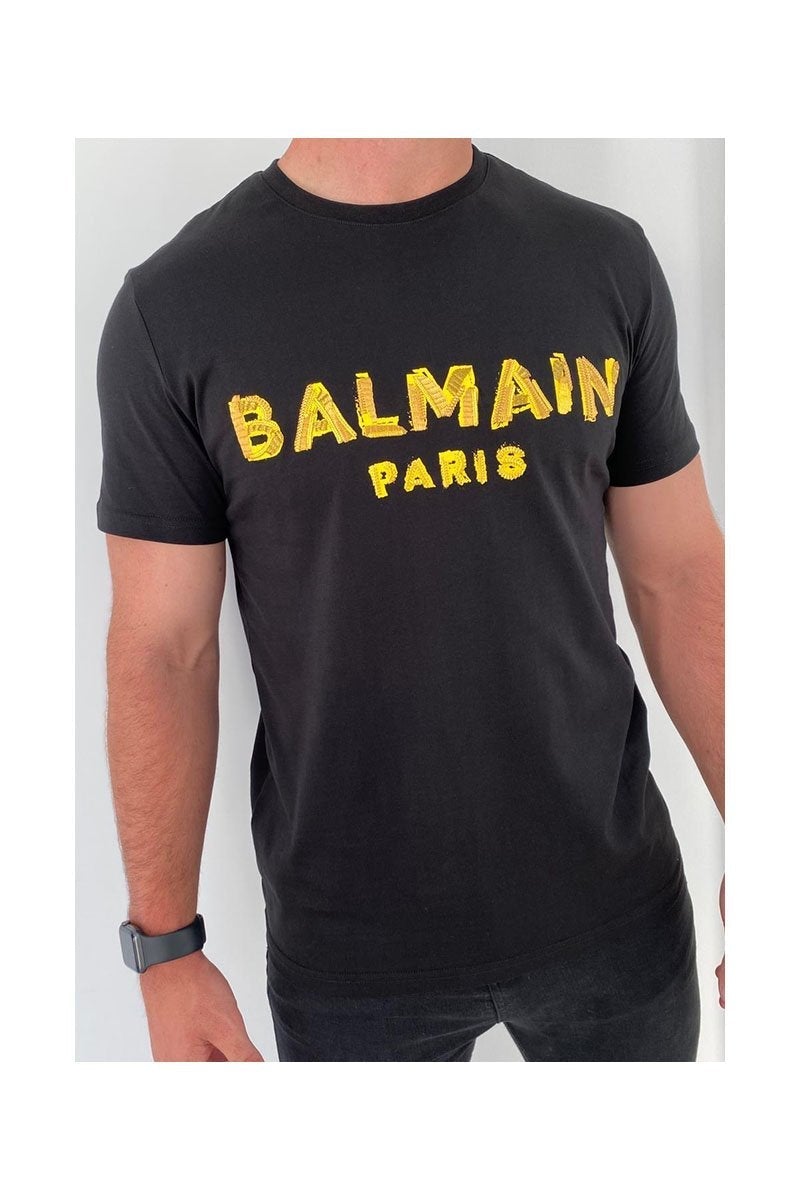 BALMAIN TEE W- YELLOW PRINT-FABRIC LOGO