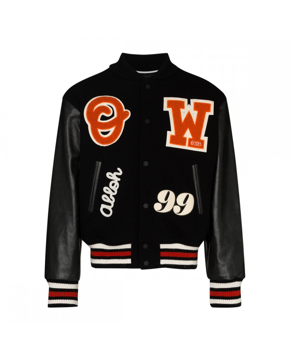 OFF-WHITE LOGO PATCH ARROWS VARSITY JACKET IN BLACK