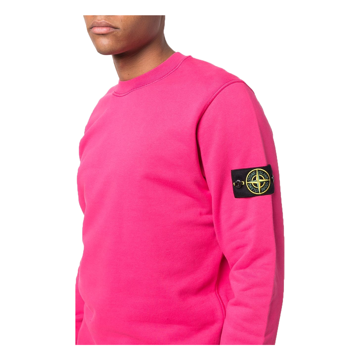 STONE ISLAND COTTON FLEECE CREW NECK SWEATER IN BRIGHT PINK